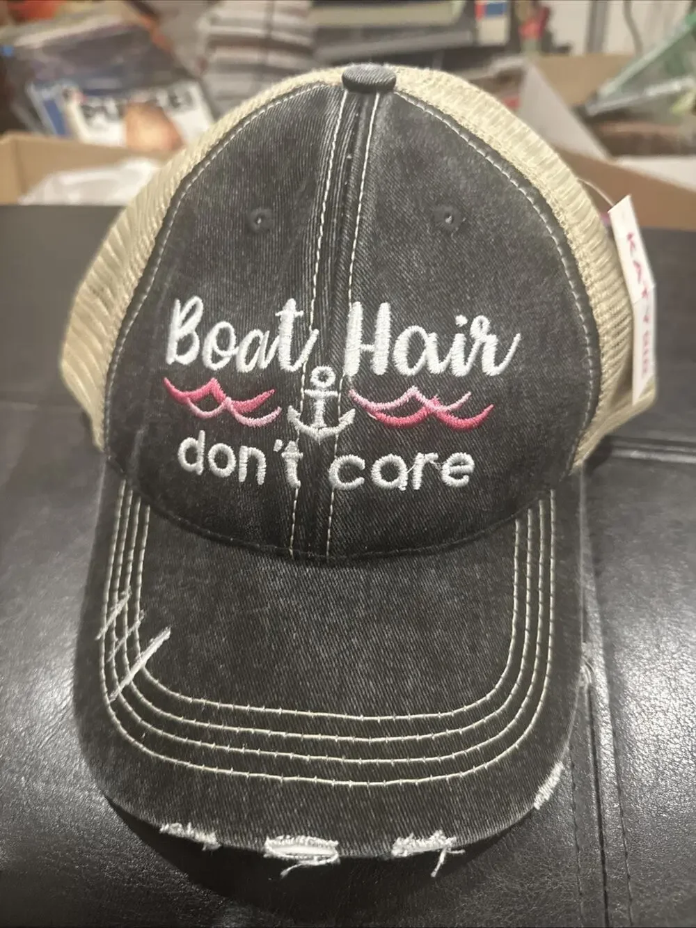 KATYDID Boat Hair Don’t Care Distressed Trucker Hat Black Tan Cap Mesh